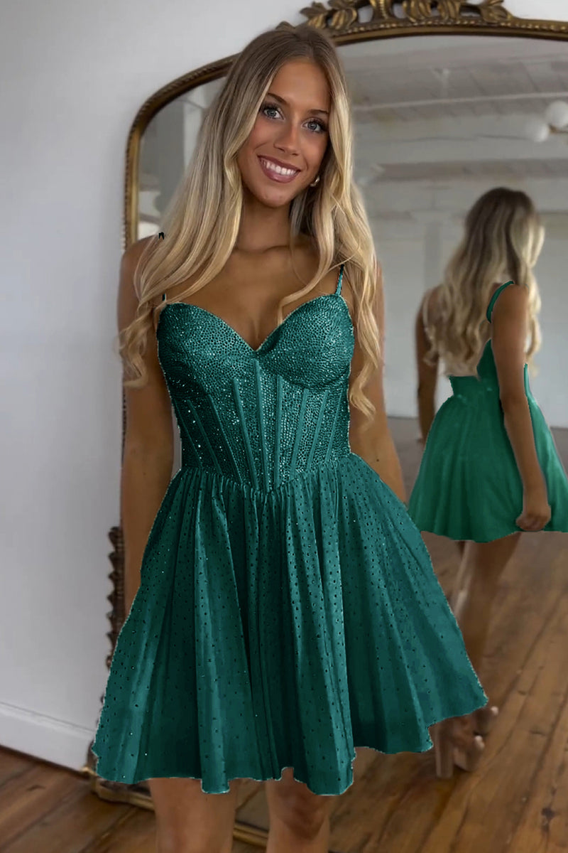 Load image into Gallery viewer, Sparkly Dark Green A-Line Beaded Spaghetti Straps Corset Short Prom Dress