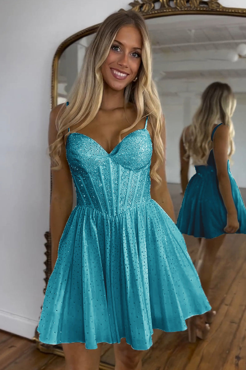 Load image into Gallery viewer, Sparkly Blue A-Line Beaded Spaghetti Straps Corset Short Prom Dress