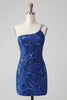 Load image into Gallery viewer, Sparkly Bodycon Royal Blue One Shoulder Sequins Party Dress with Embroidery