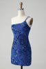 Load image into Gallery viewer, Sparkly Bodycon Royal Blue One Shoulder Sequins Party Dress with Embroidery