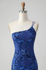 Load image into Gallery viewer, Sparkly Bodycon Royal Blue One Shoulder Sequins Party Dress with Embroidery