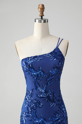 Sparkly Bodycon Royal Blue One Shoulder Sequins Party Dress with Embroidery