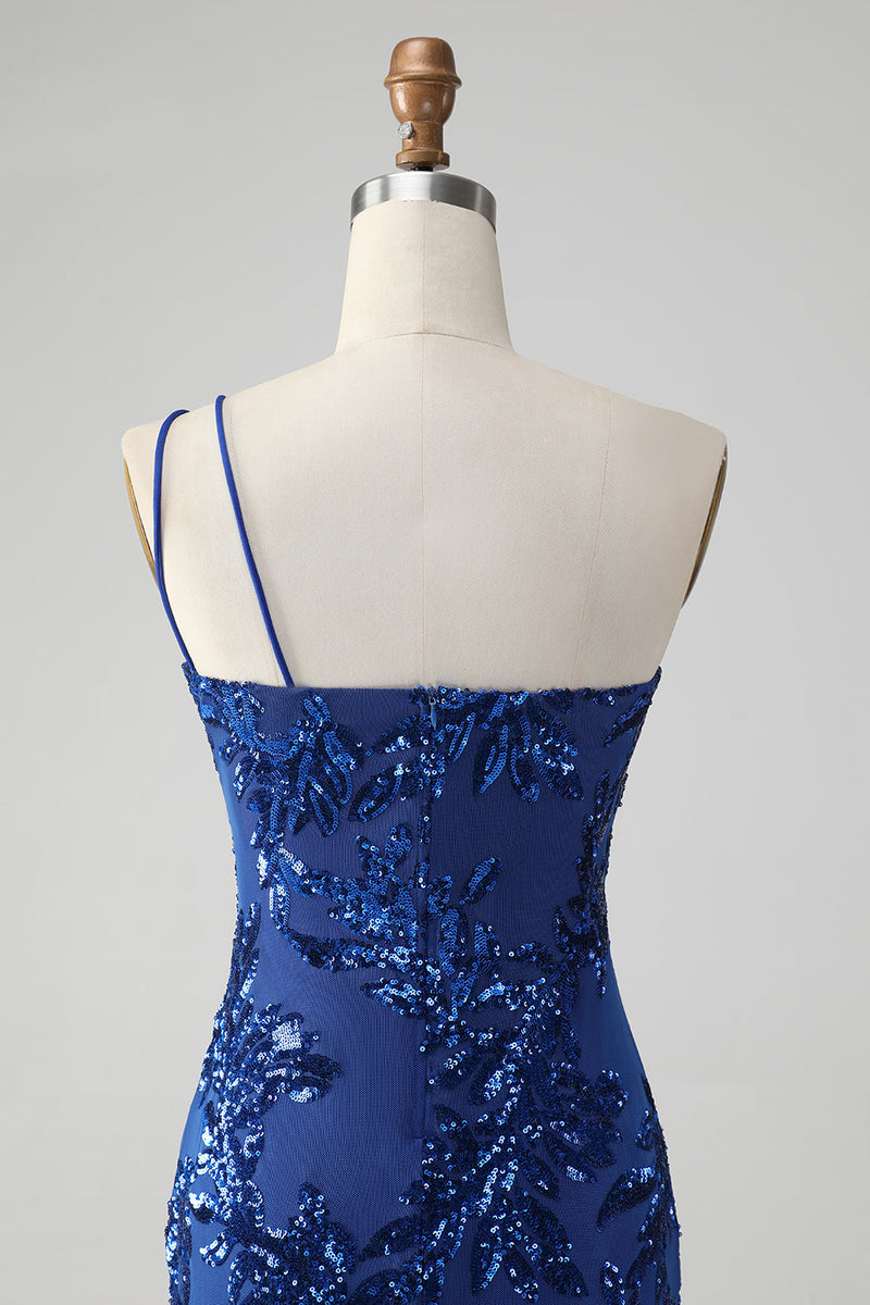 Load image into Gallery viewer, Sparkly Bodycon Royal Blue One Shoulder Sequins Party Dress with Embroidery