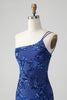 Load image into Gallery viewer, Sparkly Bodycon Royal Blue One Shoulder Sequins Party Dress with Embroidery