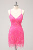 Load image into Gallery viewer, Glitter Hot Pink Spaghetti Straps Sequined Party Dress with Tassels