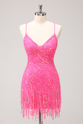 Glitter Hot Pink Spaghetti Straps Sequined Party Dress with Tassels