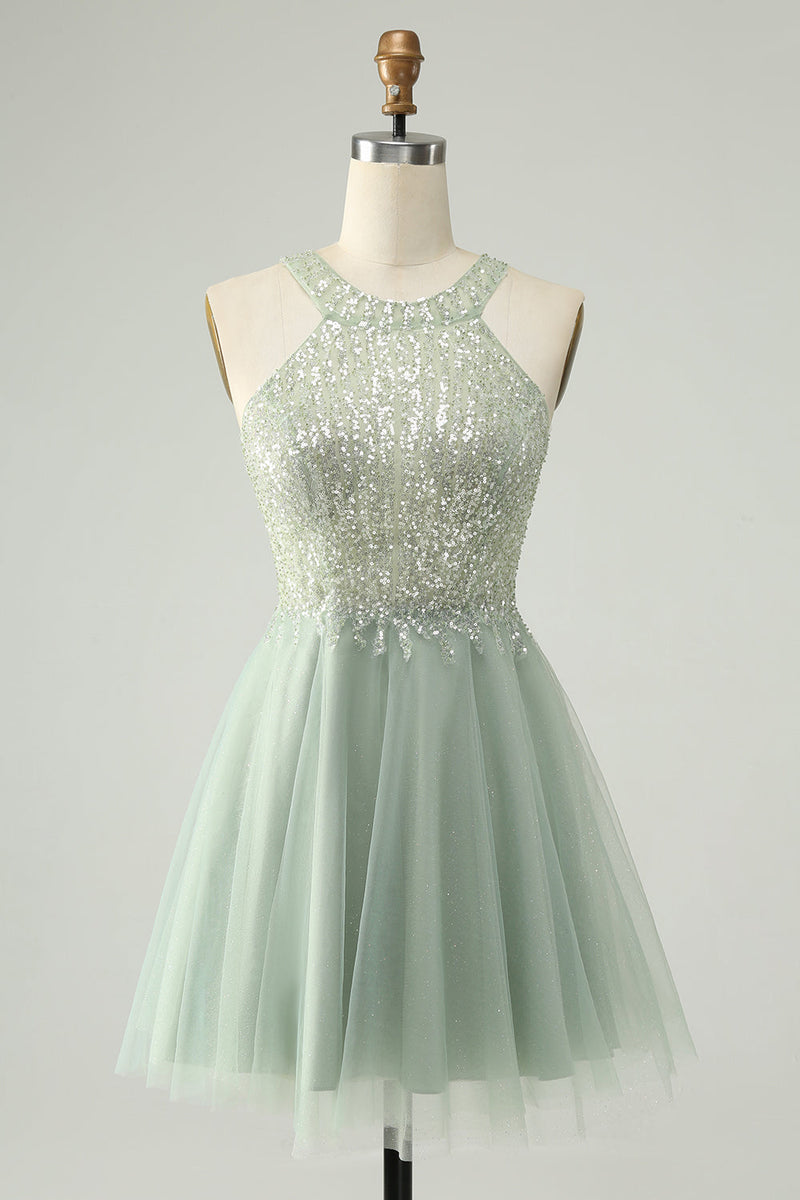 Load image into Gallery viewer, Dusty Green Halter Sequins A Line Cocktail Dress