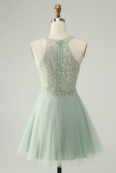 Dusty Green Halter Sequins A Line Cocktail Dress