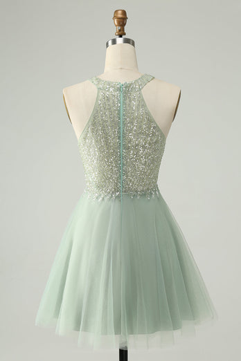 Dusty Green Halter Sequins A Line Cocktail Dress