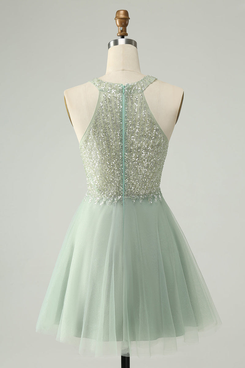 Load image into Gallery viewer, Dusty Green Halter Sequins A Line Cocktail Dress