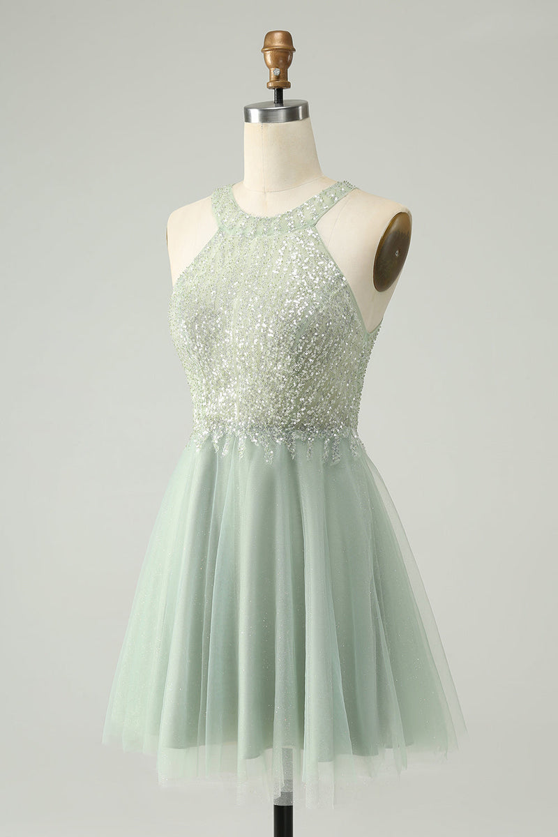 Load image into Gallery viewer, Dusty Green Halter Sequins A Line Cocktail Dress