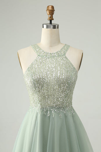 Dusty Green Halter Sequins A Line Cocktail Dress