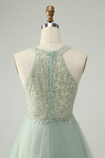 Dusty Green Halter Sequins A Line Cocktail Dress