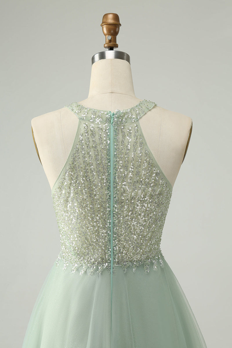 Load image into Gallery viewer, Dusty Green Halter Sequins A Line Cocktail Dress