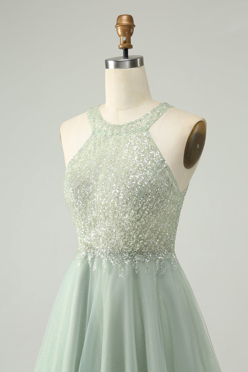 Load image into Gallery viewer, Dusty Green Halter Sequins A Line Cocktail Dress