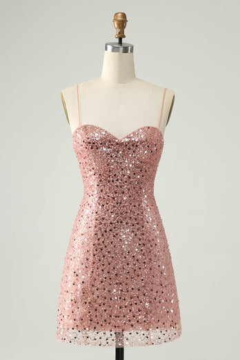 Sparkly Blush Spaghetti Straps Sequins A-Line Cocktail Dress