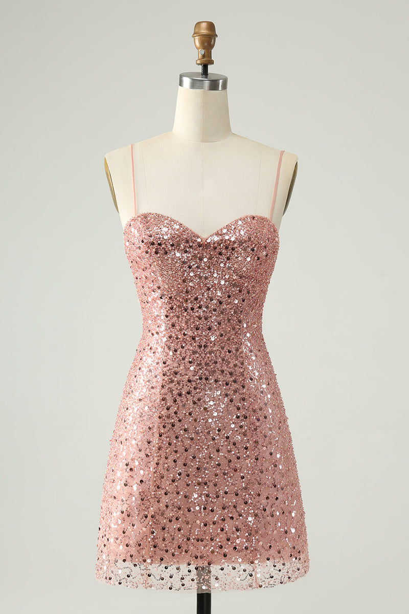 Load image into Gallery viewer, Sparkly Blush Spaghetti Straps Sequins A-Line Cocktail Dress