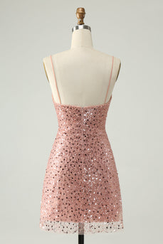 Sparkly Blush Spaghetti Straps Sequins A-Line Cocktail Dress