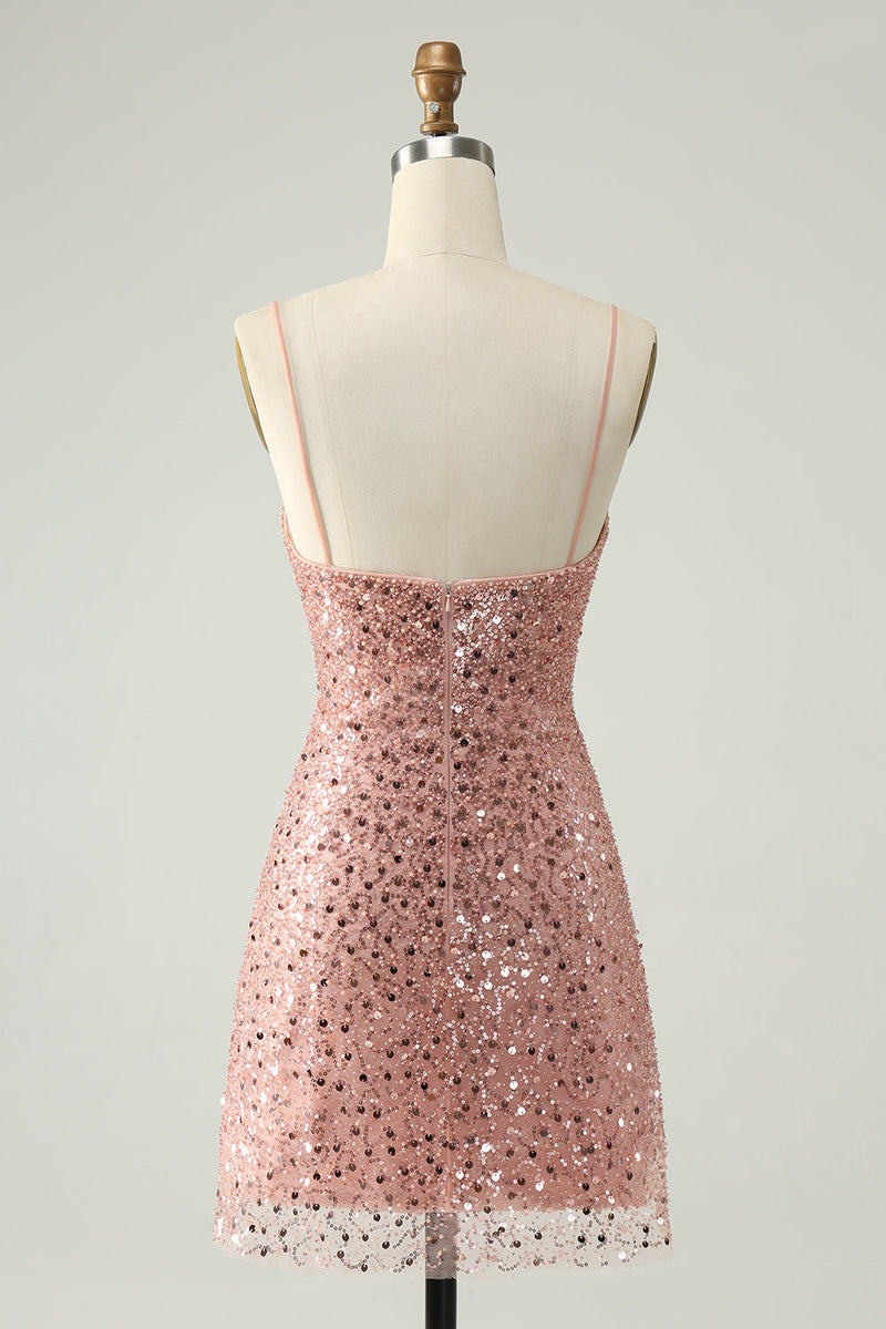 Load image into Gallery viewer, Sparkly Blush Spaghetti Straps Sequins A-Line Cocktail Dress