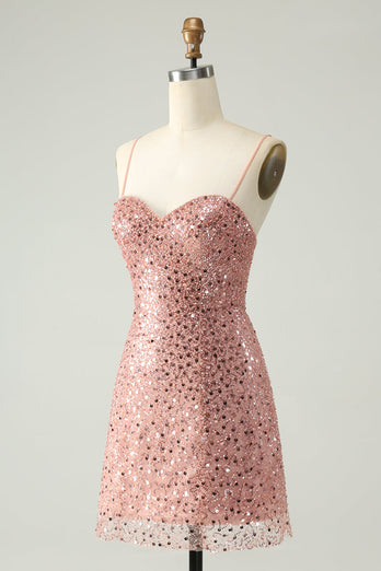 Sparkly Blush Spaghetti Straps Sequins A-Line Cocktail Dress