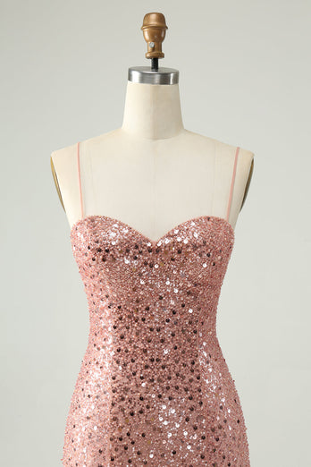 Sparkly Blush Spaghetti Straps Sequins A-Line Cocktail Dress