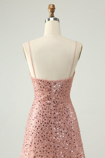 Sparkly Blush Spaghetti Straps Sequins A-Line Cocktail Dress