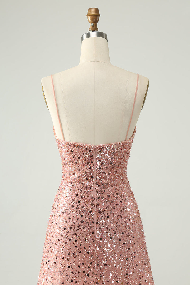 Load image into Gallery viewer, Sparkly Blush Spaghetti Straps Sequins A-Line Cocktail Dress