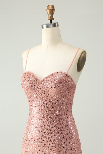 Sparkly Blush Spaghetti Straps Sequins A-Line Cocktail Dress