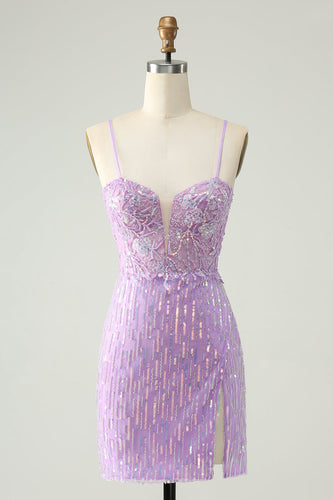 Sparkly Lilac Sequins Bodycon Mini Party Dress with Slit