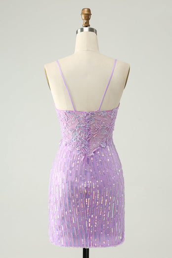 Sparkly Lilac Sequins Bodycon Mini Party Dress with Slit