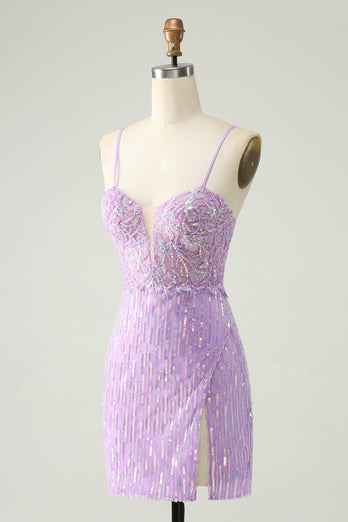 Sparkly Lilac Sequins Bodycon Mini Party Dress with Slit