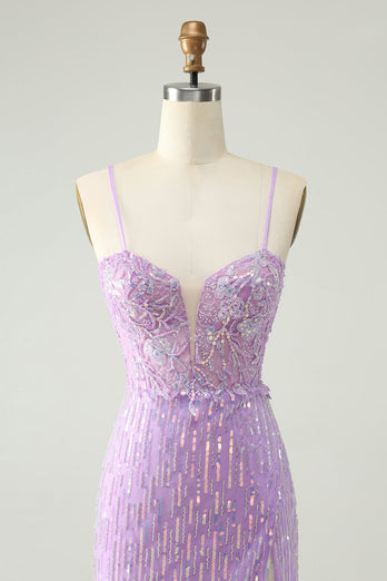 Sparkly Lilac Sequins Bodycon Mini Party Dress with Slit