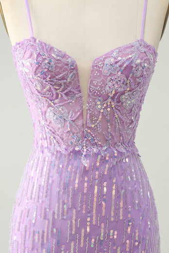 Sparkly Lilac Sequins Bodycon Mini Party Dress with Slit