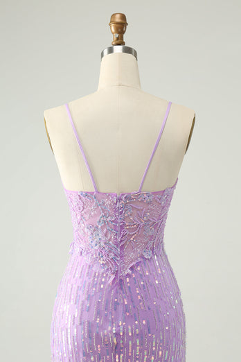 Sparkly Lilac Sequins Bodycon Mini Party Dress with Slit