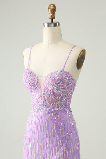 Sparkly Lilac Sequins Bodycon Mini Party Dress with Slit