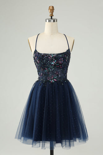 Glitter Navy A-Line Sequined Tulle Short Prom Dress