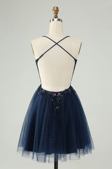 Glitter Navy A-Line Sequined Tulle Short Prom Dress