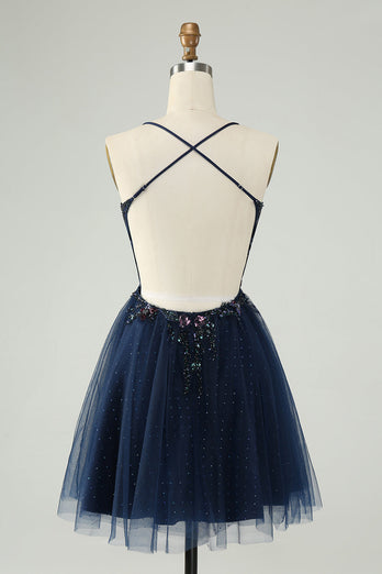 Glitter Navy A-Line Sequined Tulle Short Prom Dress