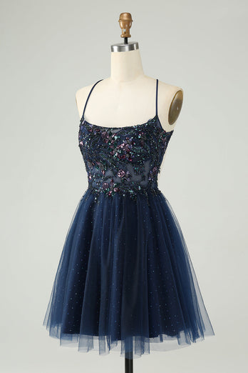 Glitter Navy A-Line Sequined Tulle Short Prom Dress