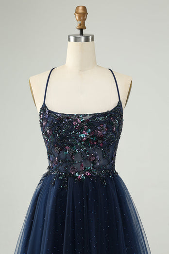 Glitter Navy A-Line Sequined Tulle Short Prom Dress