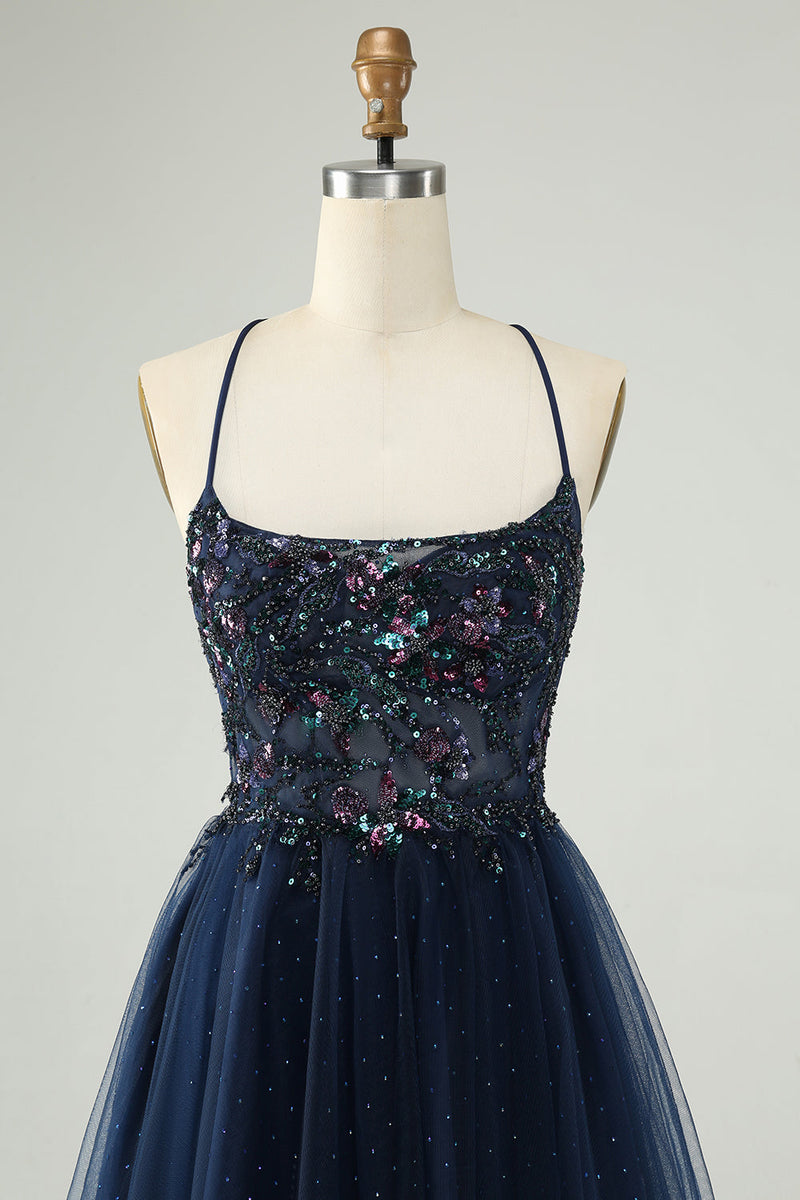 Load image into Gallery viewer, Glitter Navy A-Line Sequined Tulle Short Prom Dress