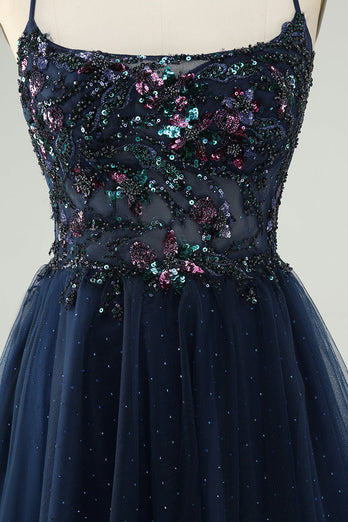 Glitter Navy A-Line Sequined Tulle Short Prom Dress