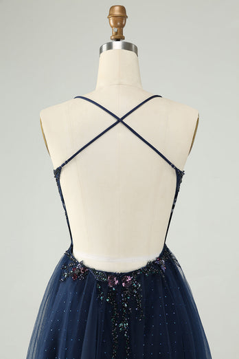 Glitter Navy A-Line Sequined Tulle Short Prom Dress