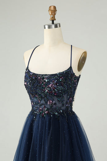 Glitter Navy A-Line Sequined Tulle Short Prom Dress