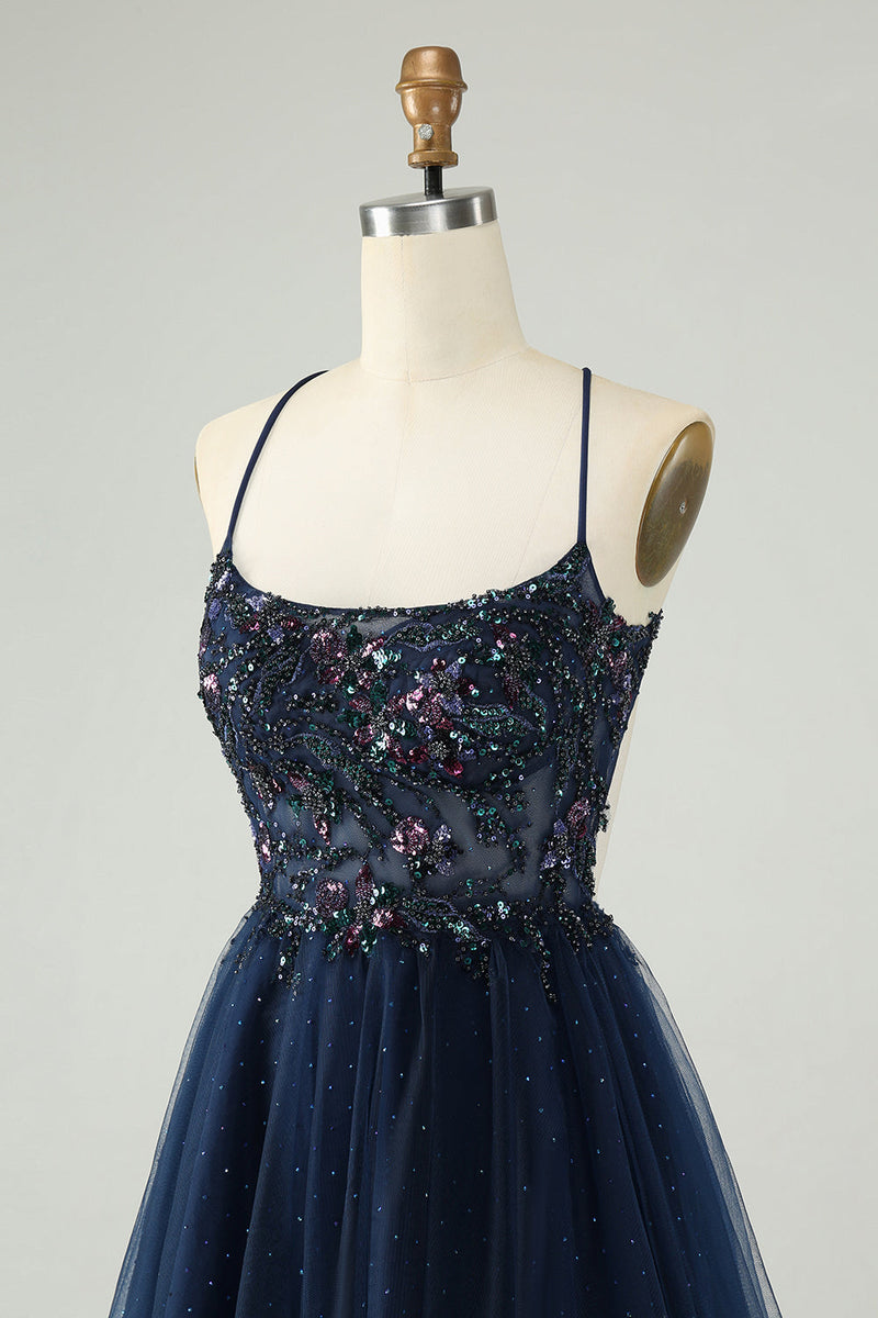 Load image into Gallery viewer, Glitter Navy A-Line Sequined Tulle Short Prom Dress