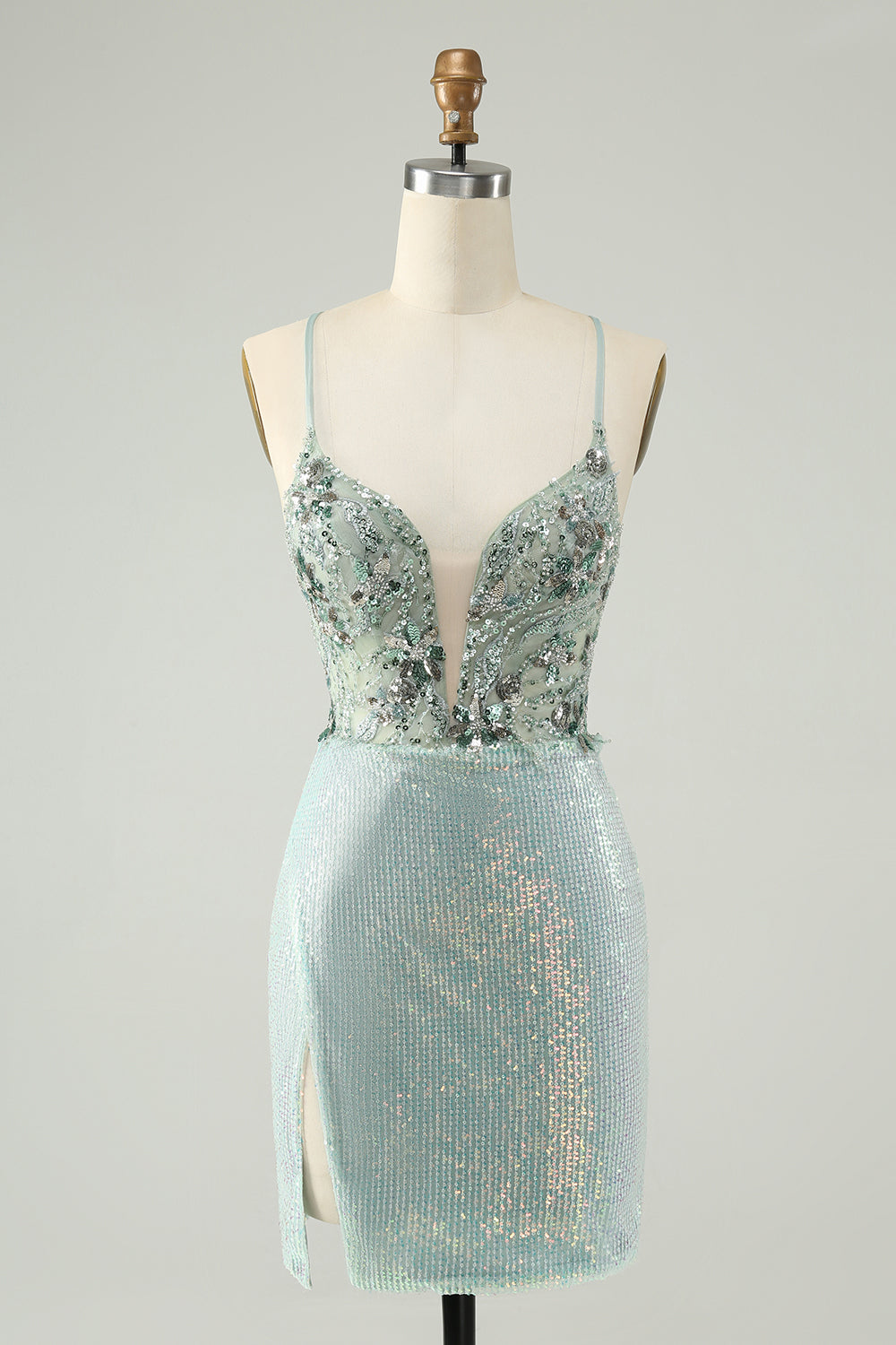 Glitter Dusty Green Tight Sequins V Neck Short Prom Dress