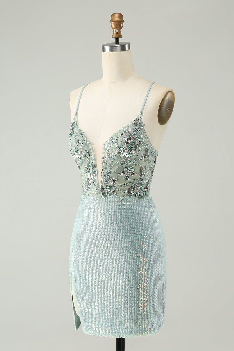 Load image into Gallery viewer, Glitter Dusty Green Tight Sequins V Neck Short Prom Dress