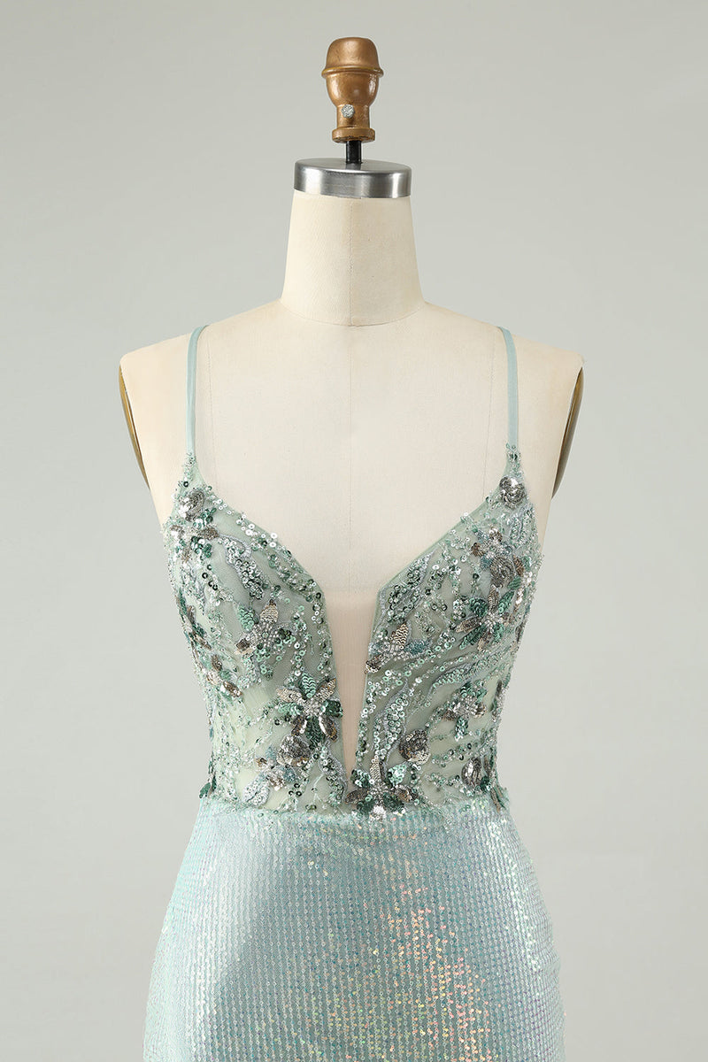 Load image into Gallery viewer, Glitter Dusty Green Tight Sequins V Neck Short Prom Dress