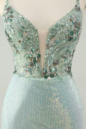 Glitter Dusty Green Tight Sequins V Neck Short Prom Dress