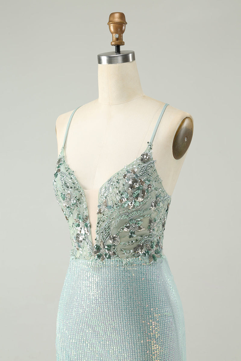 Load image into Gallery viewer, Glitter Dusty Green Tight Sequins V Neck Short Prom Dress